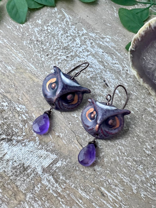 Give a Hoot Amethyst Earrings
